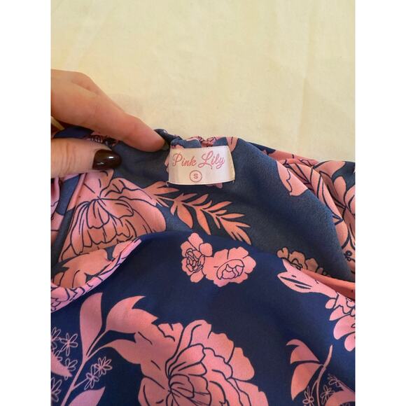 005 Pink Lily Navy Pink Floral One Shoulder Maxi Dress Sz S Summer - Picture 3 of 5